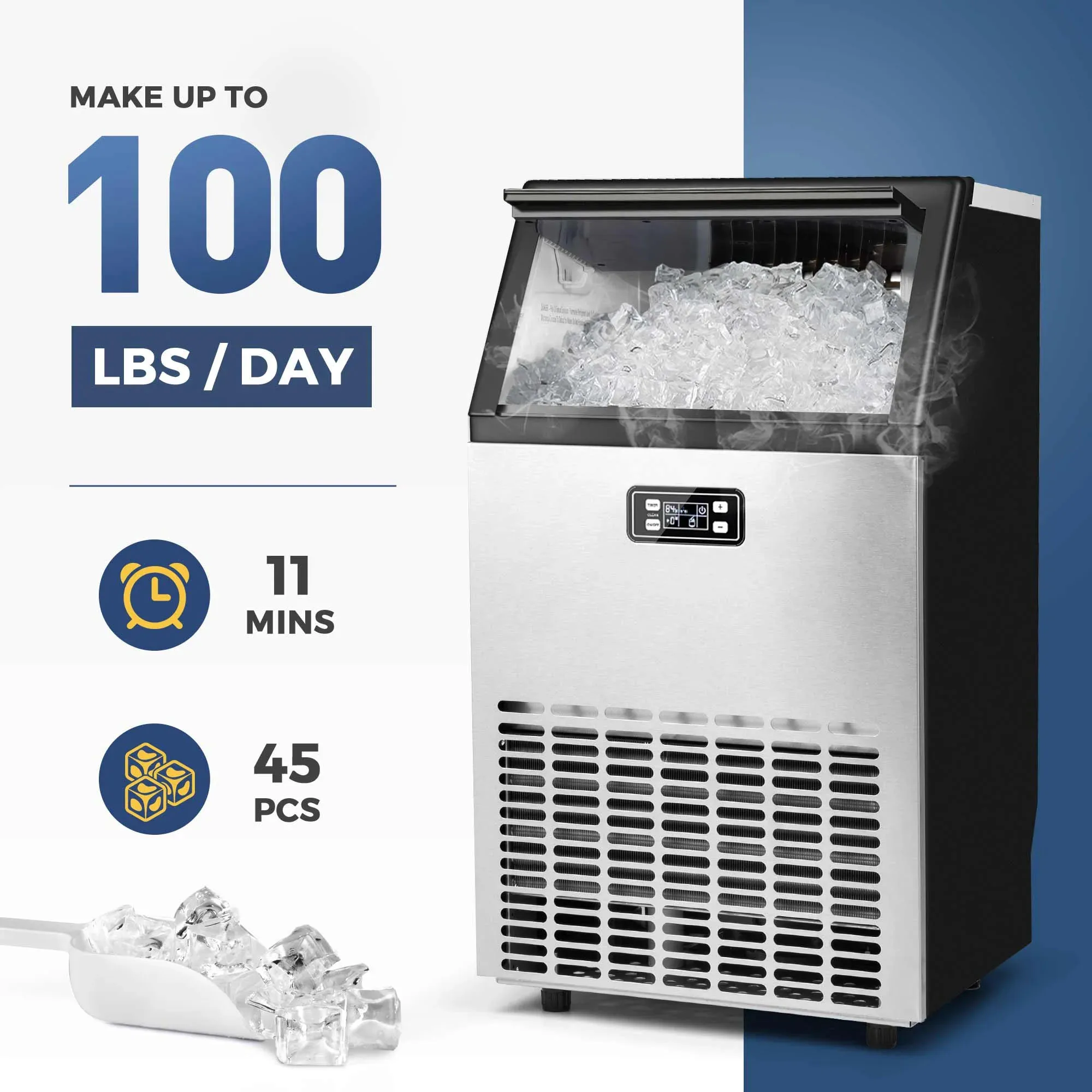 Commercial Ice Maker Machine, 101lbs/24H Stainless Steel Under Counter ice Machine with 32lbs Ice Storage Capacity, Frees