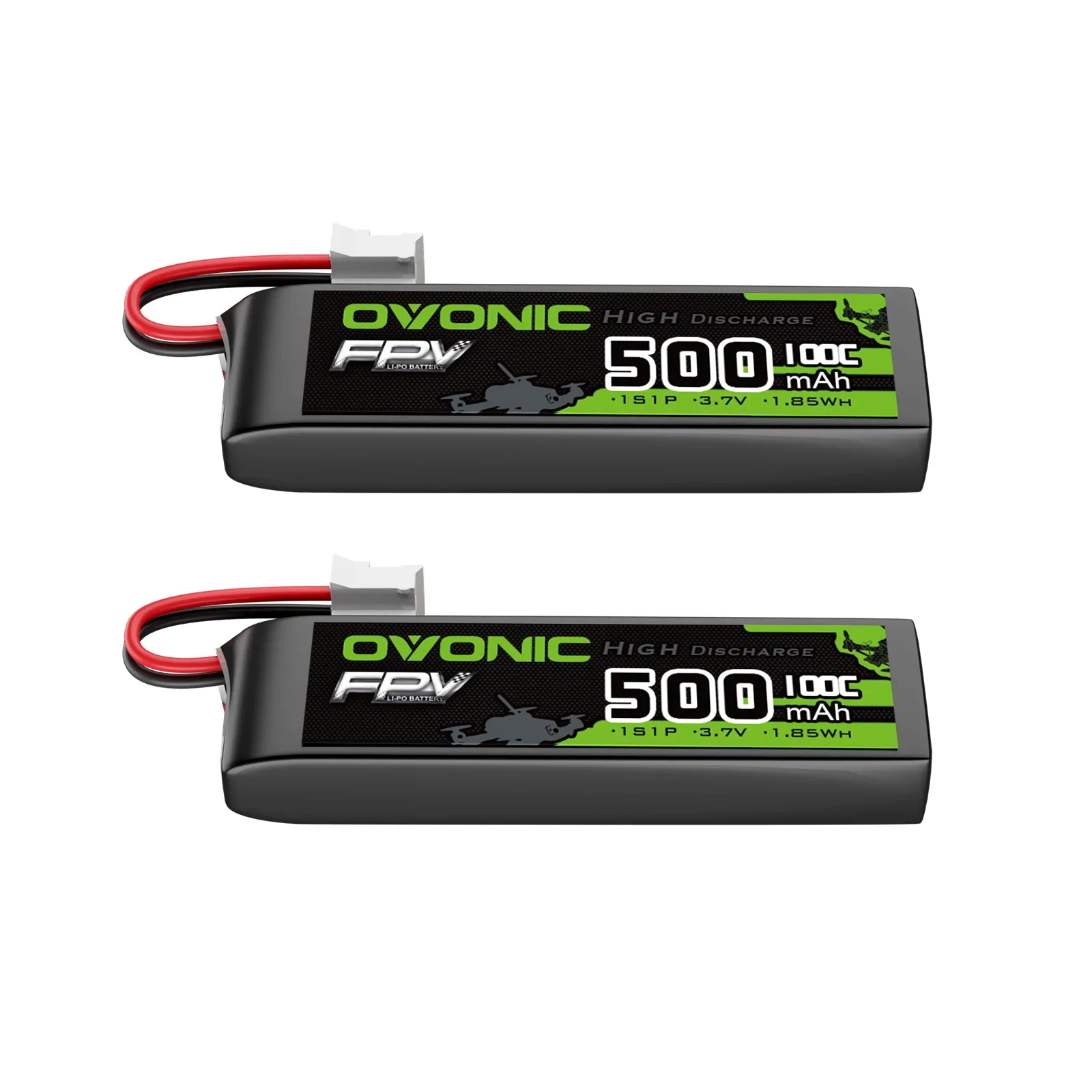 OVONIC 500mAh 1S 3.7V 100C Long Size Lipo Battery JST Connector Rechargeable Power Pack for Micro FPV Tinywhoop Drone Fixed-Wing RC Plane 2 Pack