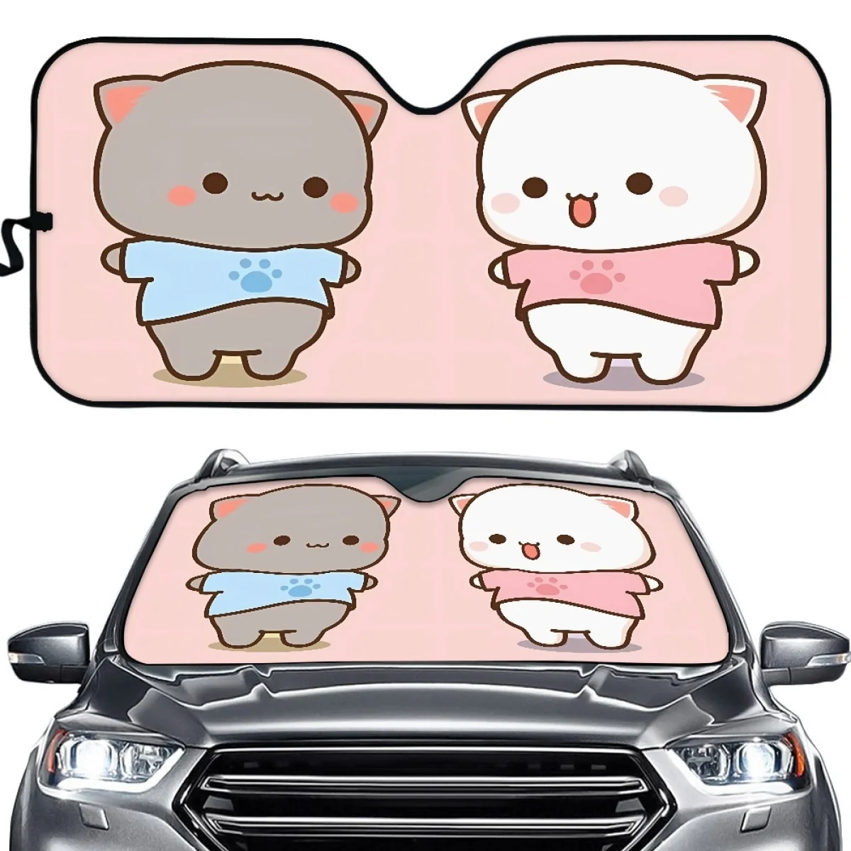 Lovely Peach Cat Cartoon Pattern Windshield Sunshade for Couple Car Shade Cover Couple Accessories Decor Universal Sun Visor Hot