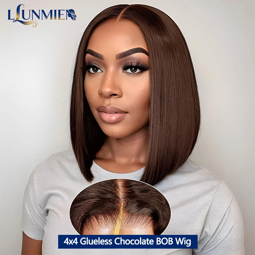 Perruque Sans Colle Marron Chocolat,Cheveux Humains,Prête à Porter,Pré-épilée,Poupe Bob Lisse 4x4,Perruques Cheveux Humains