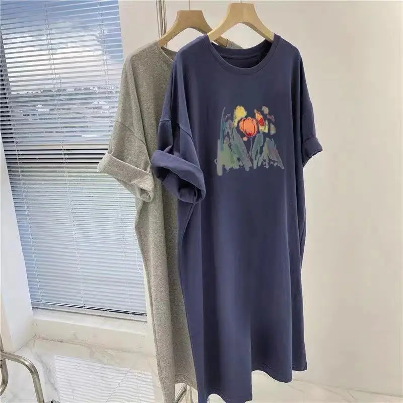 Oversized Summer Dress Women Short Sleeve O Neck Tulip Floral Printed Long T Shirt Loose Casual Vestidos Robes Homewear Dresses