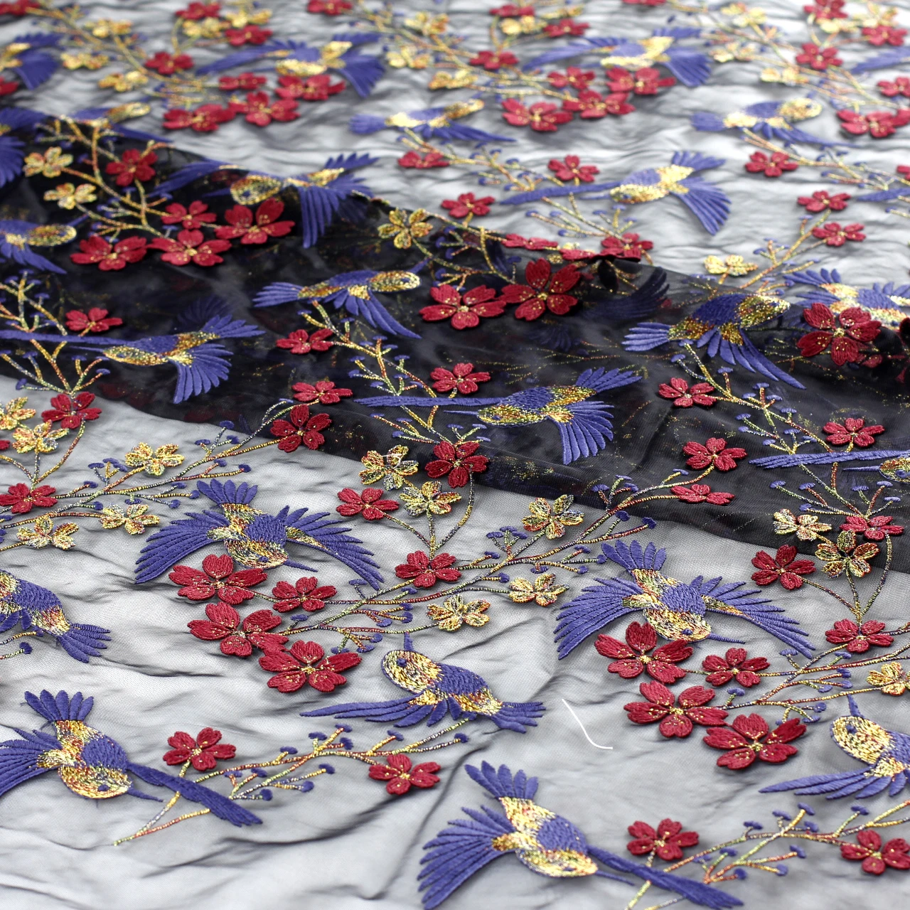 HelluyerDc mixed colors on Black tulle lace fabric, beautiful flowers,birds embroidery for prom dress for fashion designs