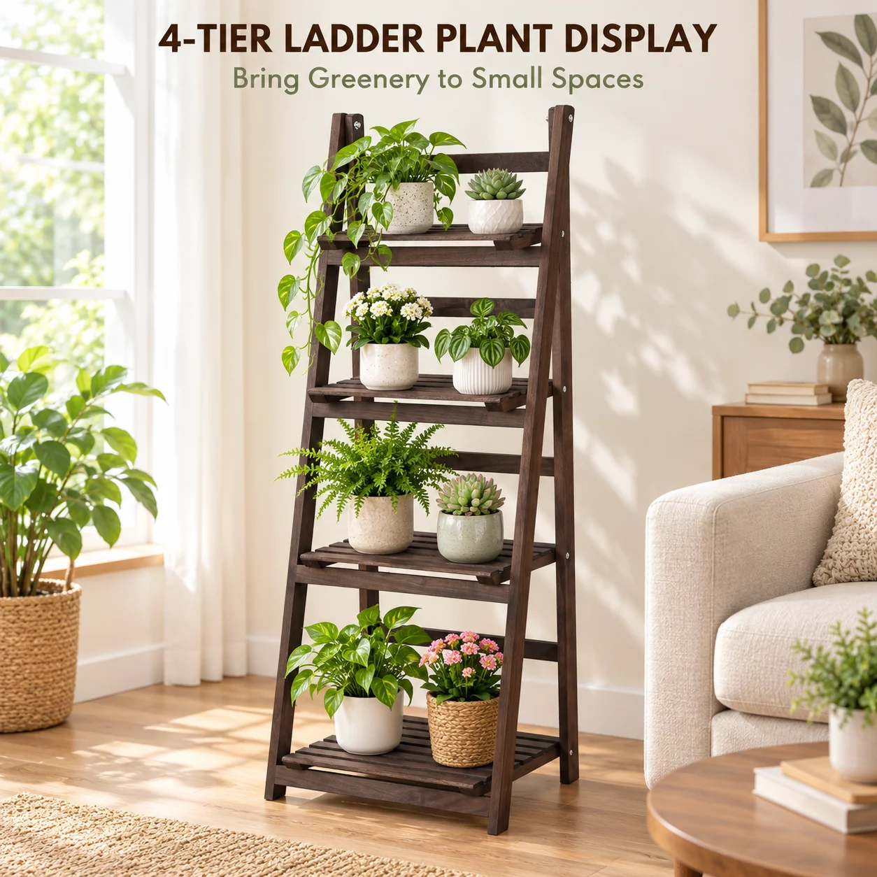 4 Tier Foldable Wooden Plant Stand Ladder Shelf Carbonized Paulownia Flower Pot Display Rack for Indoor Patio Balcony Garden