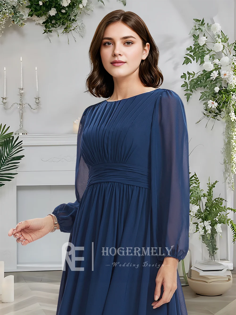 

A Navy Blue Elegant Scoop Long Sleeve A-Line Floor-Length Chiffon Bridesmaid Dresses With Ruffle Wedding Party Guest Dress​
