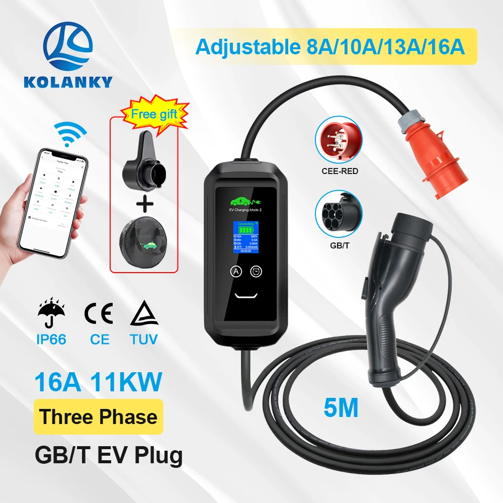 

Mobile EV Charger 16A 11KW 3P GBT Plug Set Current/ Charging/Delay Time For Chinese Eletric Vehicle Hybird Cable 5M