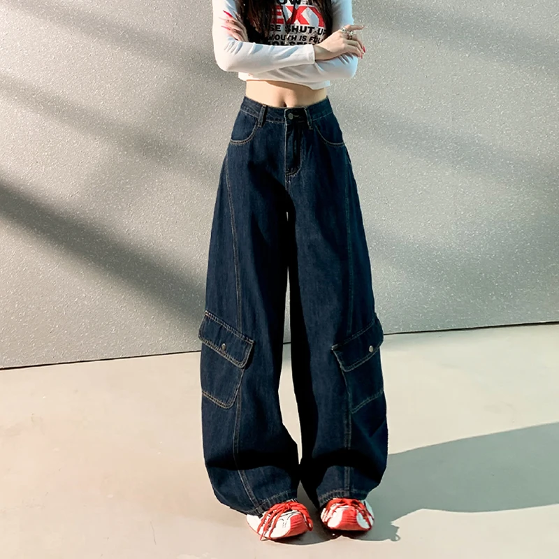 

Женские синие шикарные джинсы с множеством карманов Y2k, новый дизайн, свободные прямые брюки с высокой талией в американском стиле, повседневные джинсы 2000-х годов