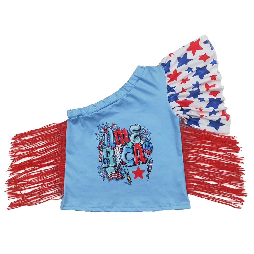 

GT0942 Baby Girls Summer Tops Baby Girls 4th Of July Stars America Fringe Tops