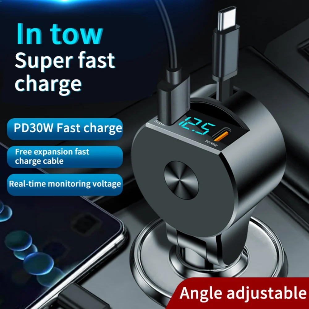 75W Car Charger PD 30W Digital Display Car Fast Charging Type C Auto Mobile Phone Adapter with Type C Cable Charge for Cellphone