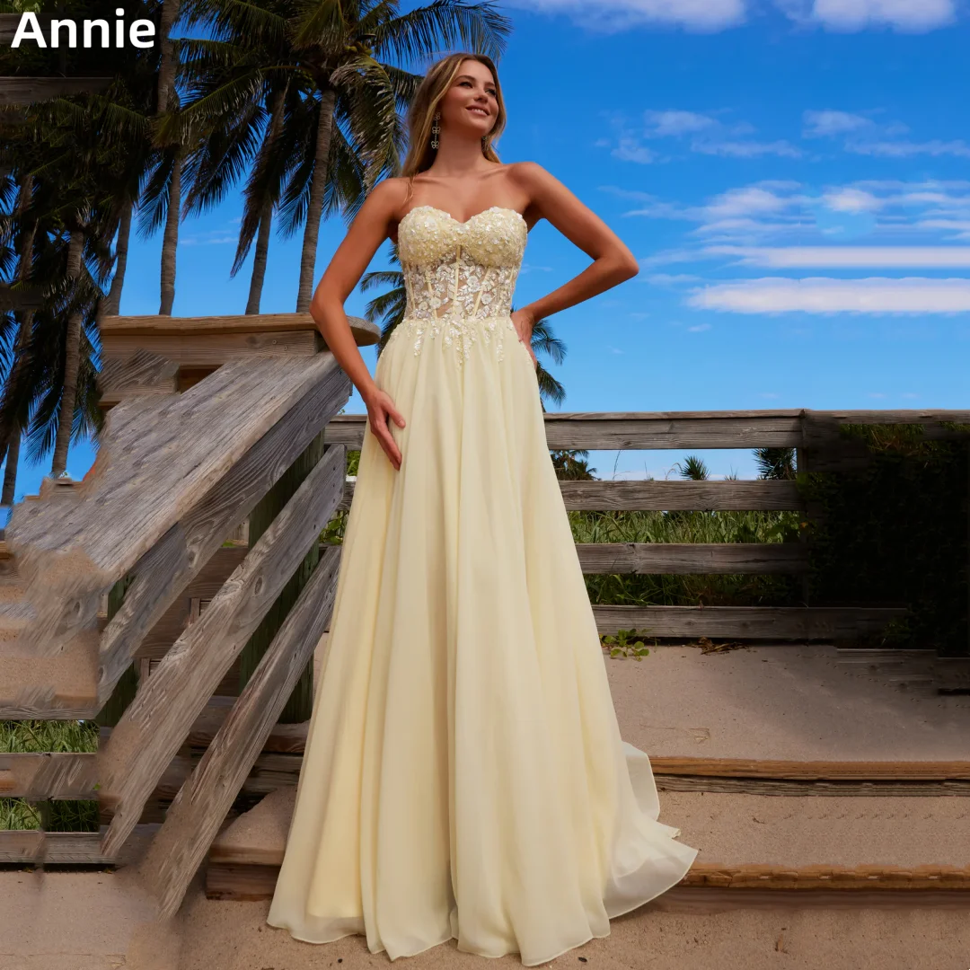 

Annie Beaded Embroidery Prom Dresses Light Yellow Chiffon Evening Dresses Princess Off-The-Shoulder Corset Prom Dress