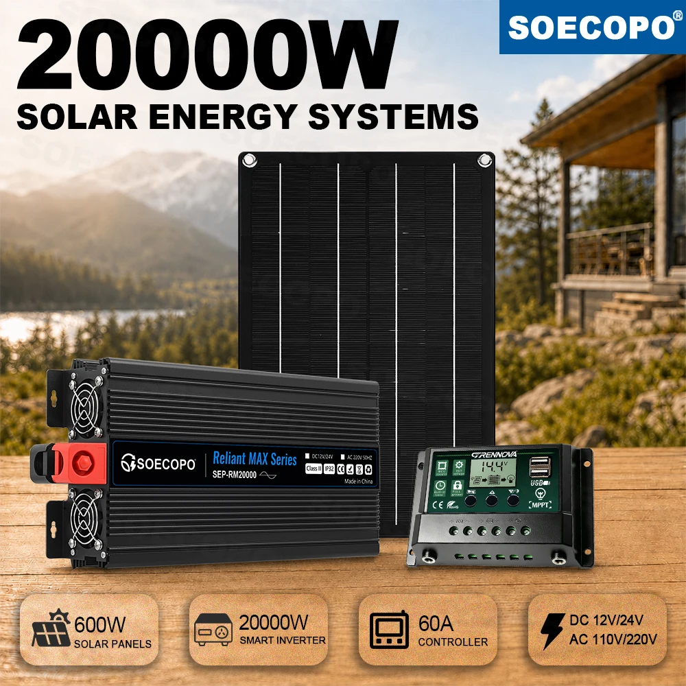 Portable Solar Energy Set 20000W Peak 2000W Rated Inverter 600W Flexible Panel MPPT Controller 110V 220V for Off-Grid RV Daily
