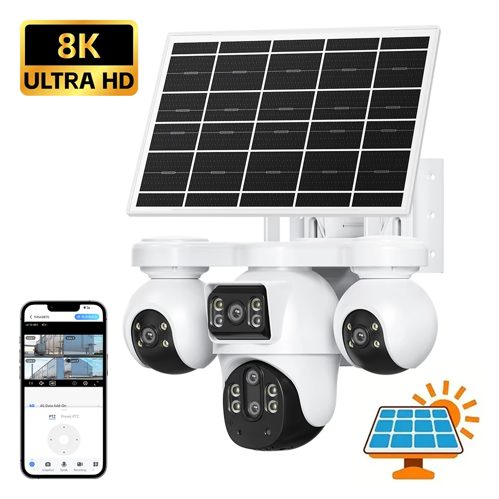 Cámara Solar V380 PRO 4G Sim para Exteriores con 4 Lentes PTZ 355 ° Cámara de Seguridad con Detección PIR, Zoom 10X, IP65 Impermeable
