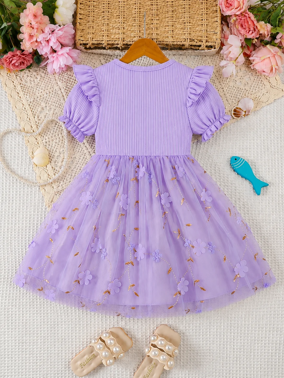 Girls Rainbow Birthday Dress Purple Tulle Princess Dress Kids Puff Sleeve Party Wedding Dresses 2-8Y