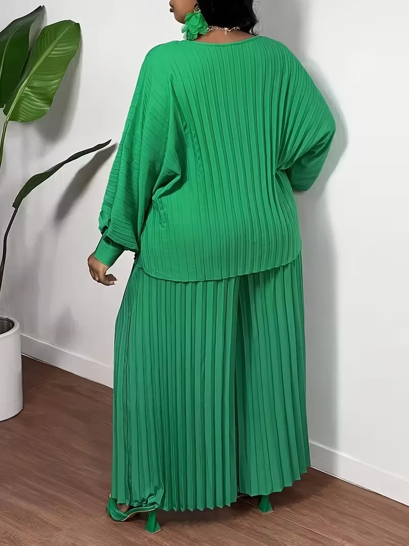 ชุดเซ็ตสองชิ้น เสื้อแขนยาวสีพื้นทรงหลวมสำหรับผู้หญิง กางเกงขายาวทรงกว้างจีบ