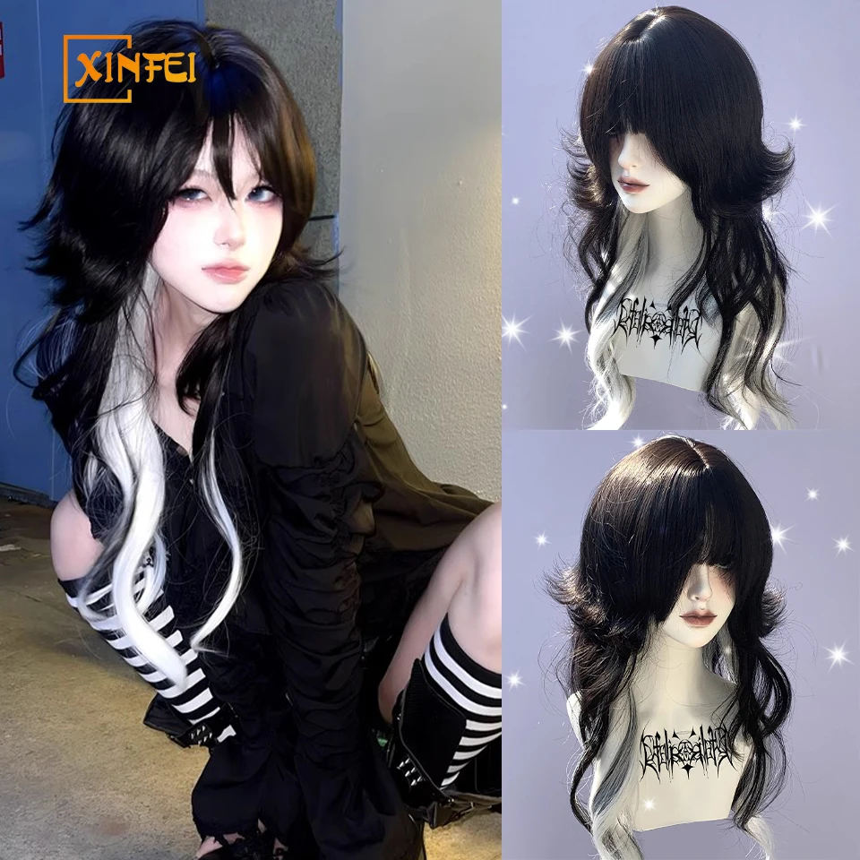 Synthetic Wig For Women With Long Curly Hair Subculture Anti Curling Black And White Gradient Gothic Punk Lolita Suitable daily