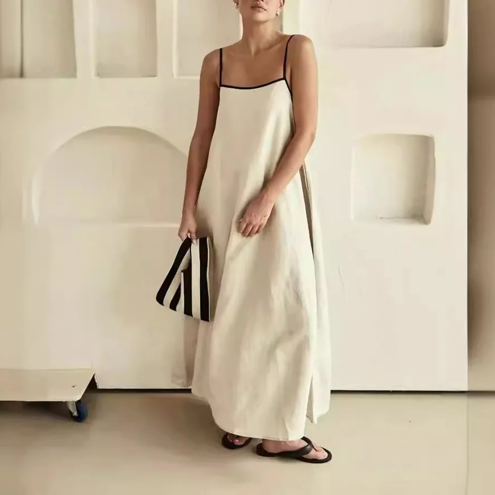 Women's Summer Casual Spaghetti Strap Maxi Dress Oversized Long Beach Cami Dresses Cover Ups Flowy Linen Loose White Sundress