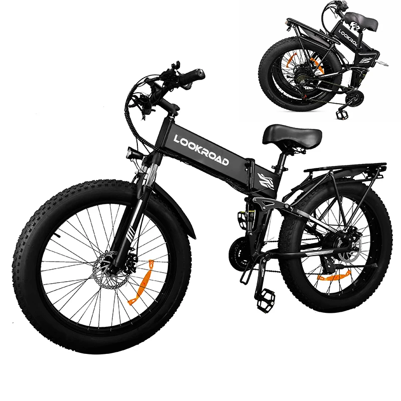 Bicicletta elettrica Lookroad con pneumatici larghi 26×4.0", pieghevole, da montagna e da città, per pendolari, per adulti, con batteria rimovibile 48V15/20Ah, forcella ammortizzata, 21 velocità