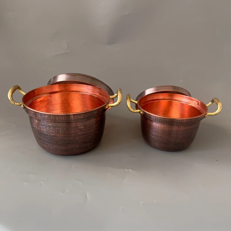 Pure Copper Double Handle Hot Pot Stew Pot Handmade Hammered Retro Style Home Restaurant Use Thick