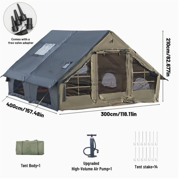 Ascentum camping 12 ㎡   Carpa inflable grande para acampar, carpa de aire para 4-8 personas con columnas de aire de PVC, refugio familiar de tela Oxford impermeable, resistente al viento y al sol,