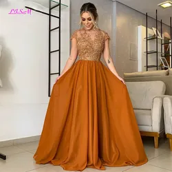 Elegante A-Line Chiffon Abendkleid Lange Perlen Appliques Scoop Kappen-hülsen Abendkleider Illusion Zurück Formal Anlass Kleider