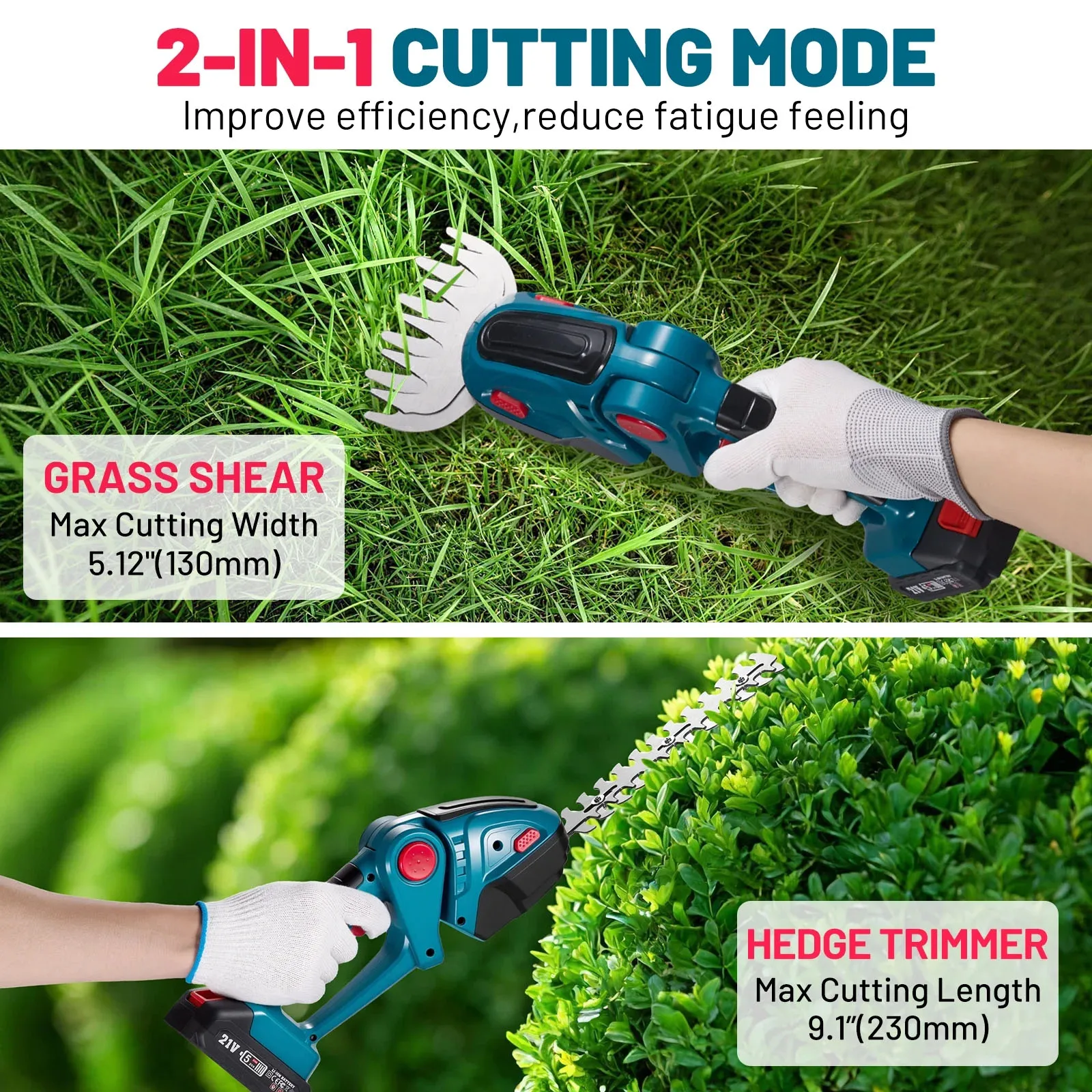Cordless Hedge Trimmer 2 in 1 Handheld Grass Trimmer 90° Rotatable Blade Shrub Pruning Cutter 2000mAh Li-ion Battery for Home Garden Lawn Care Tools