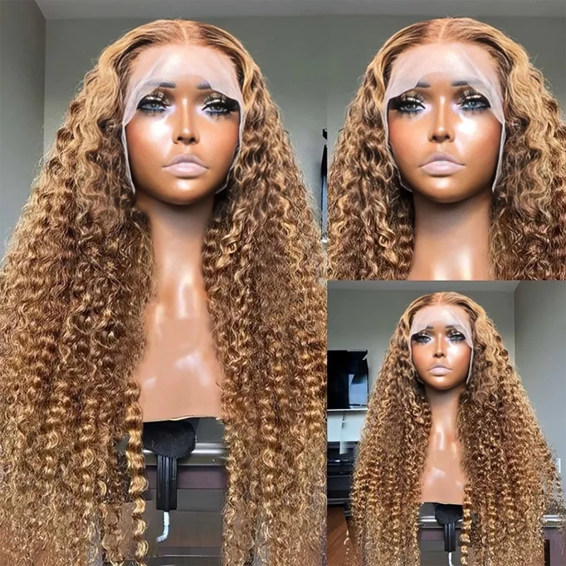 30 40 Zoll Highlight brasilia nische Spitze Front Perücke lockige Echthaar Perücken Honig blond gefärbte HD Deep Wave Frontal Perücken für Frauen