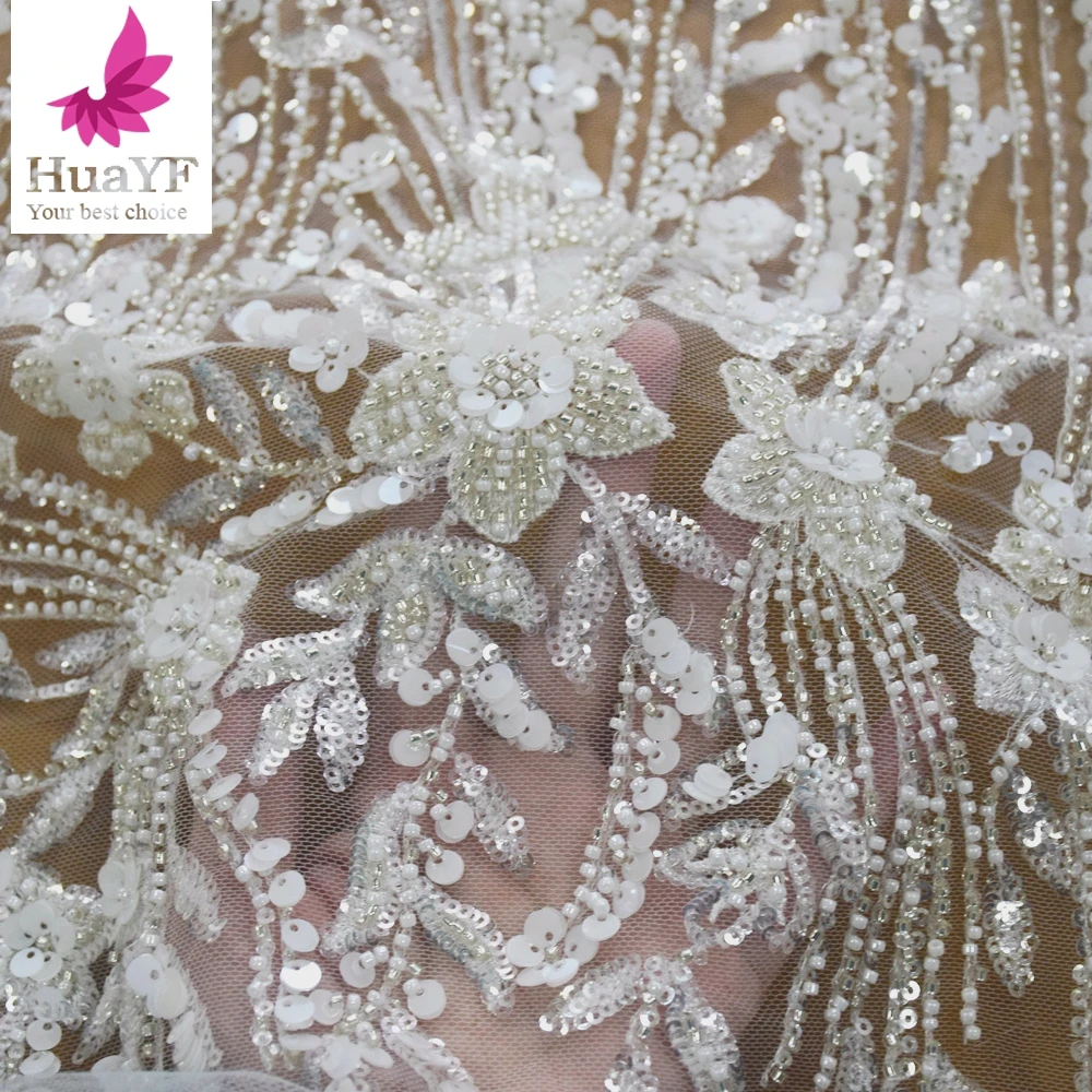 Hot Sale High Quality French White 3d Flower Lace Wedding Bridal Dress Fabric for 5 Yards HY1778-2