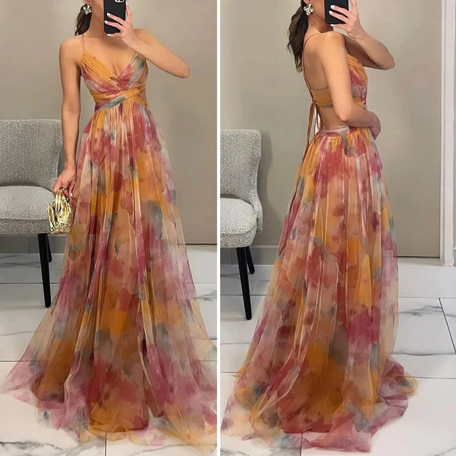 Elegante formele feestjurk Elegante tie-dye baljurk met één schouder en mesh-bubbelmouwen met splitzoom Damesavondjurk - afbeelding 2