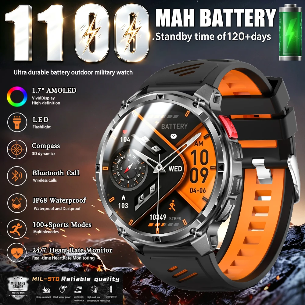 Nouvelle montre connectée d'extérieur pour hommes, batterie durable de 1100mAh, écran HD de 1.7 pouces, appel Bluetooth, plus de 100 modes sportifs, avec lampe torche tactique LED, boussole, étanche IP68, montre