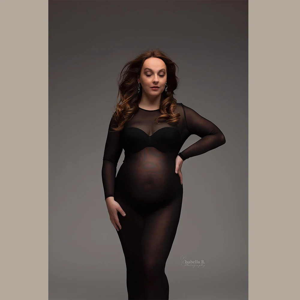 Black Tulle Bodysuit Pregnancy Dress Mesh Fabric Long Sleeve Stretch Women Maternity Outfit Slim Fit Style Skirt For Photo Shoot