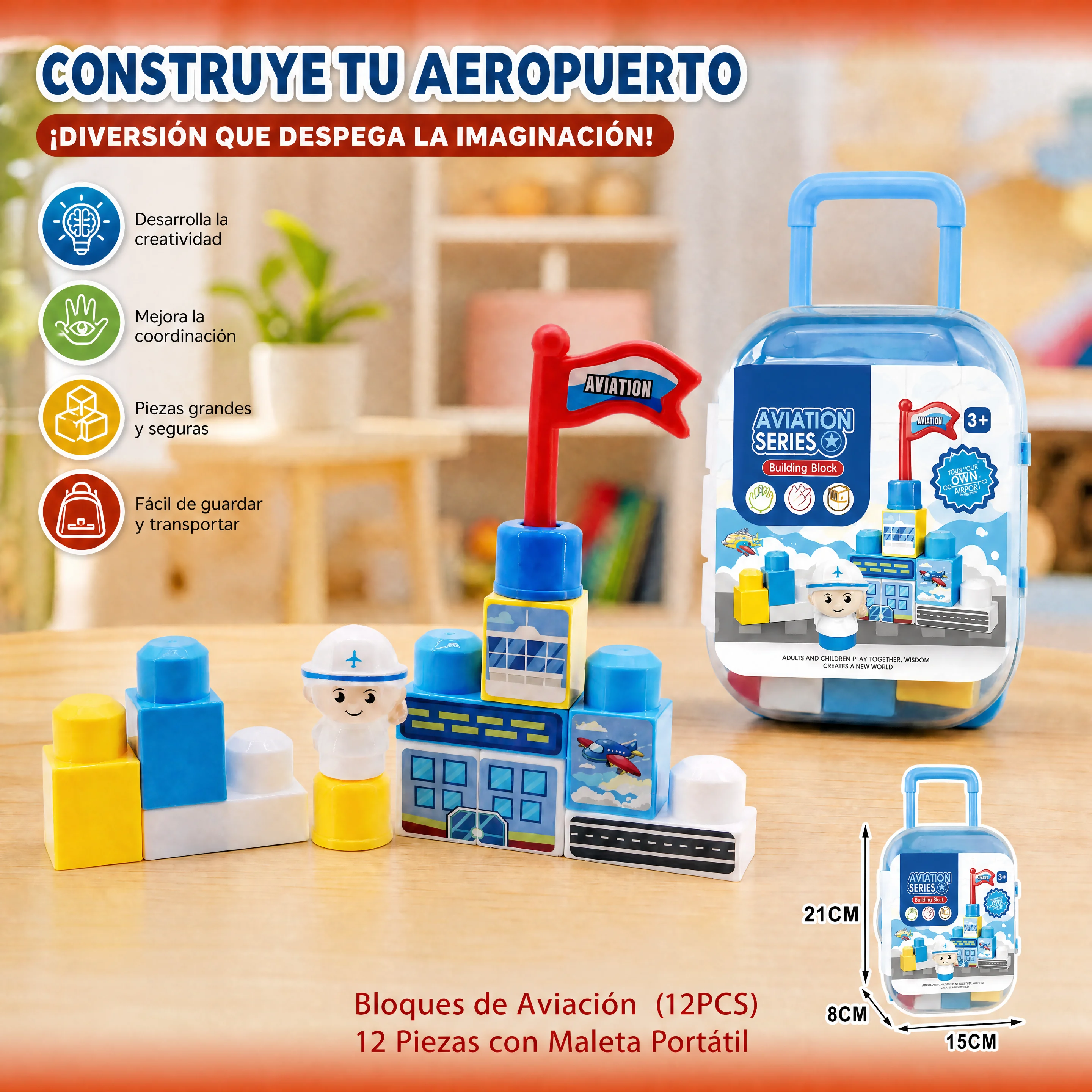 Set di mattoncini da costruzione portatile, ideale per bambini e bambine, con temi aeronautico e castello, composto da 12 pezzi, un giocattolo educativo con ruote, un regalo originale.