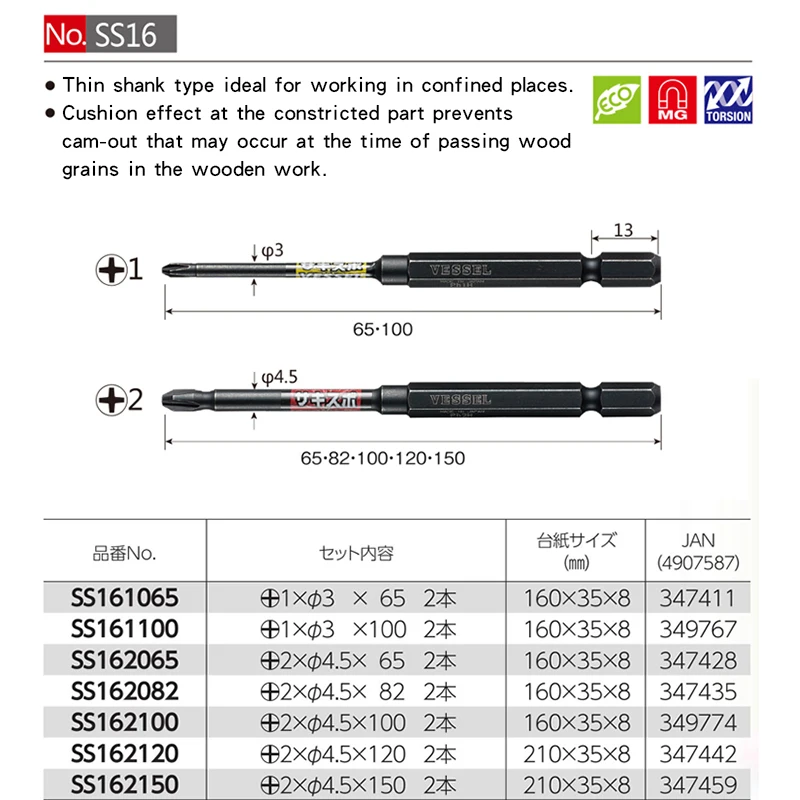 VESSEL 65mm-150mm Length Screwdriver Bits Set with 1/4 Hex Shank Head No.SS16 PH1, PH2