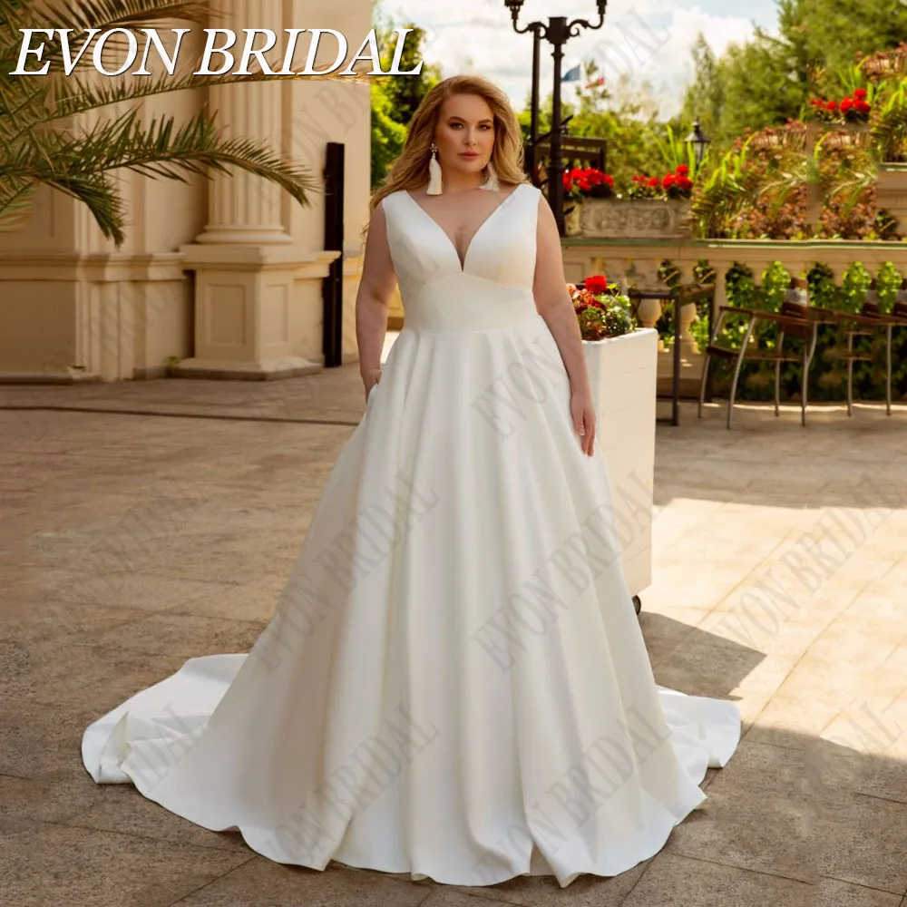 Evan Bridal vestido de novia sin mangas de satén con calcomanías de cuello V de gran tamaño vestido de novia de ensEVON-vestido de novia de satén sin mangas, talla grande, cuello en V, apliques de ilusión en la espalda