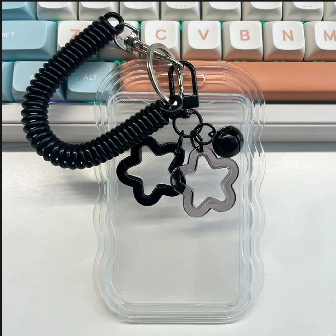 

Photocard Holder Keychain 8.5cm×11cm, Cute Photo Card Holder with Star Bell Pendant Spring Rope Transparent Creative Photocard Holders for Student ID, Bus Pass, Photos ID Badge(Black)