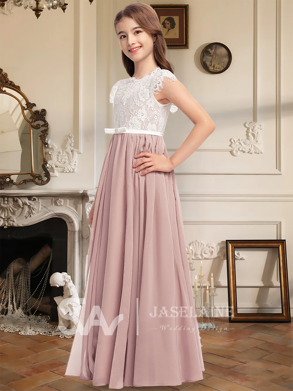 ชุดเพื่อนเจ้าสาวเด็ก B Kids Charming Junior ยาวกรอมเท้า ผ้าลูกไม้ แขนสั้น ผ้าชีฟอง ผ้าซาติน ทรงเอ แต่งดอกไม้ พร้อมโบว์ สีไอวอรี่