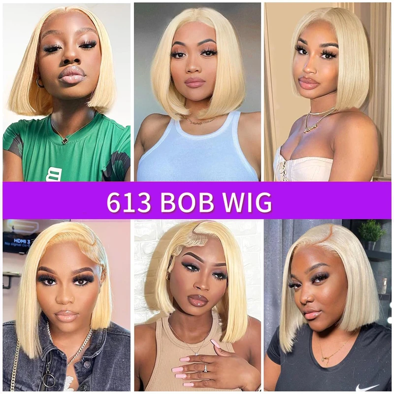 Perruque Bob Lace Front Wig naturelle lisse, blond 613, 13x4, pre-plucked, avec baby hair, 200% de densité