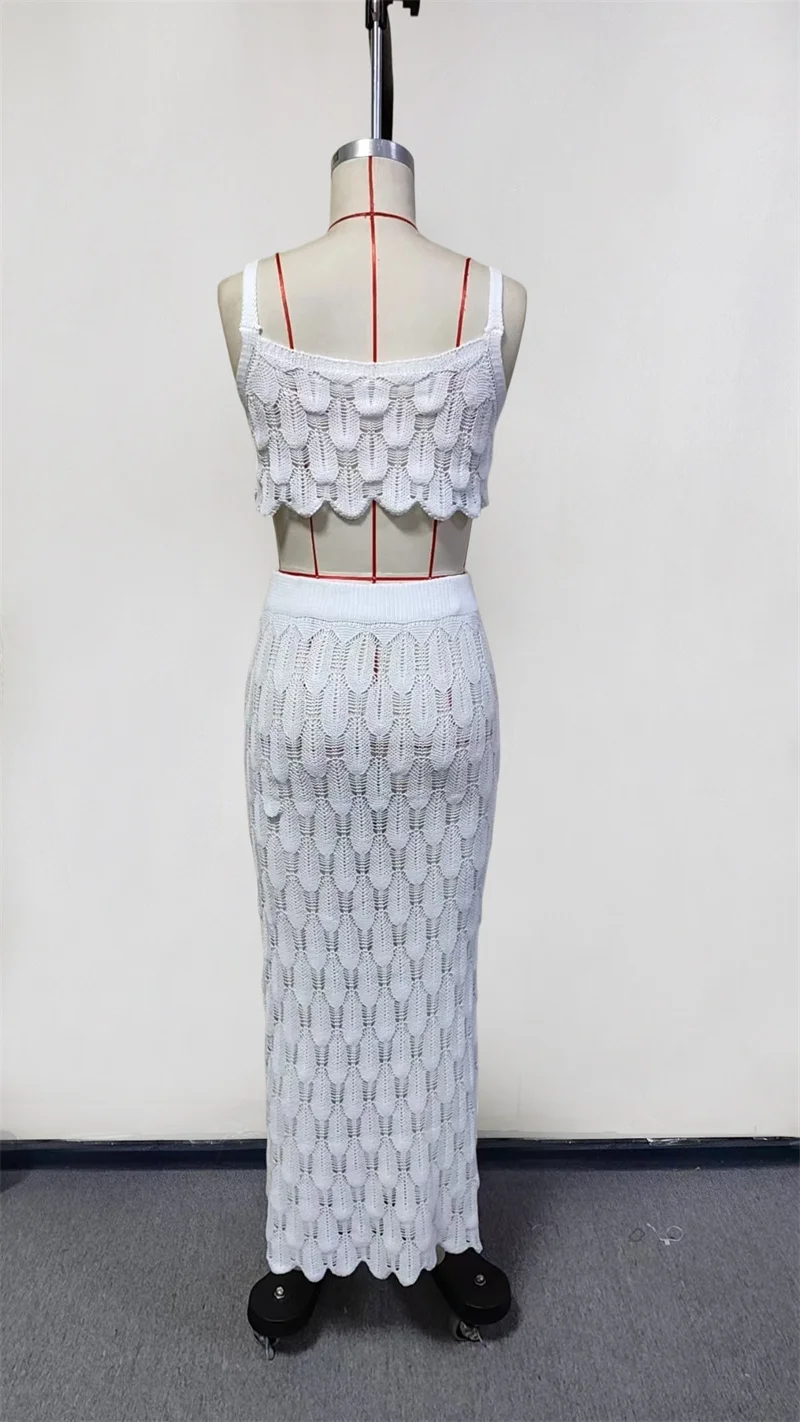 2 pezzi vestito dalla fasciatura bikini da spiaggia copricostume cinturino sexy top corto e gonna a vita alta avvolgente inferiore costumi da bagno velati all'uncinetto da donna