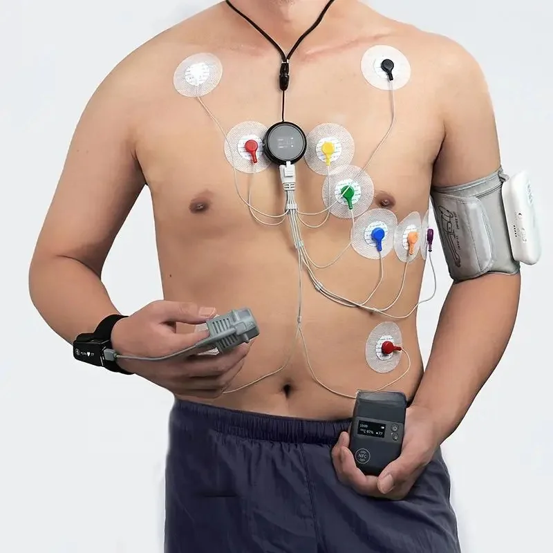 LE/PU Wiederaufladbarer 48-72 Stunden tragbarer EKG-Holter-Monitor mit 12 Ableitungen und KI-Tracker-Analyse