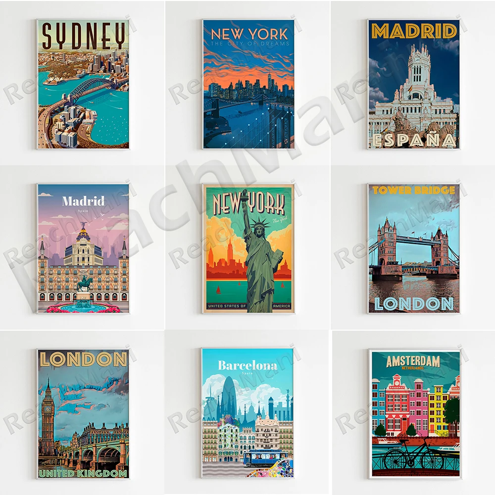 Amsterdam, Netherlands, Sydney, USA, New York, UK, London, Madrid, Spain, Barcelona, Travel Poster - Wall Art Print Gift