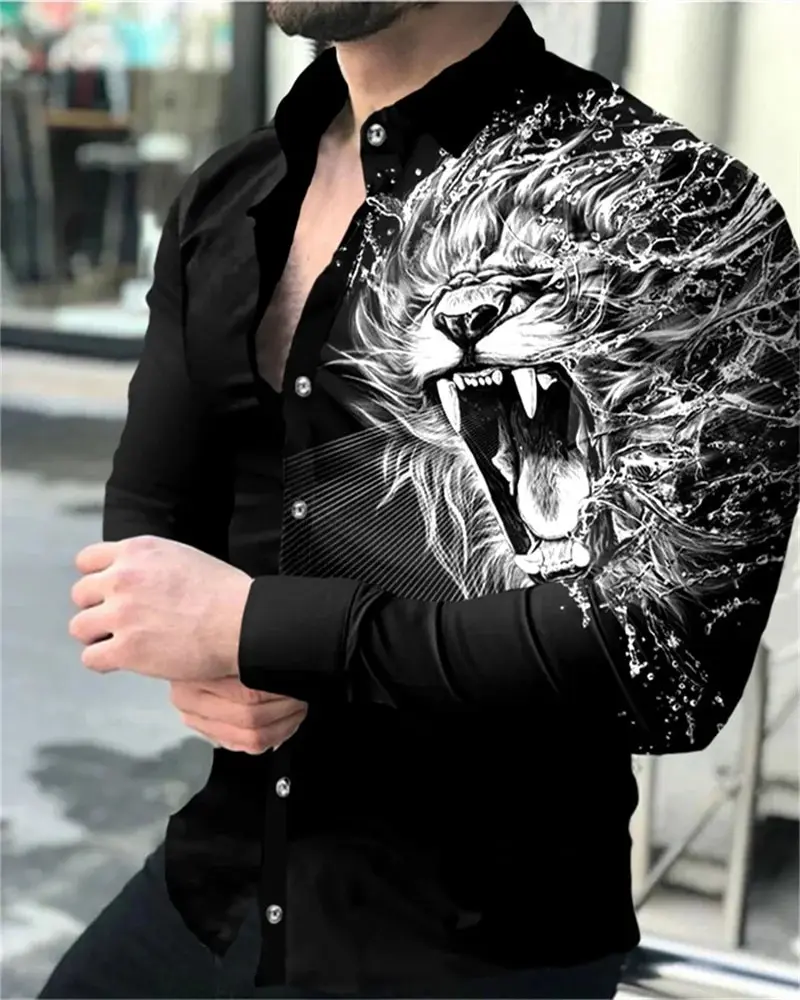 2024 Men\'s Party Fashion Long Sleeve Shirt 3D Printed Lion HD Animal Print Lapel Button-Down Shirt S-6XL Men\'s Top