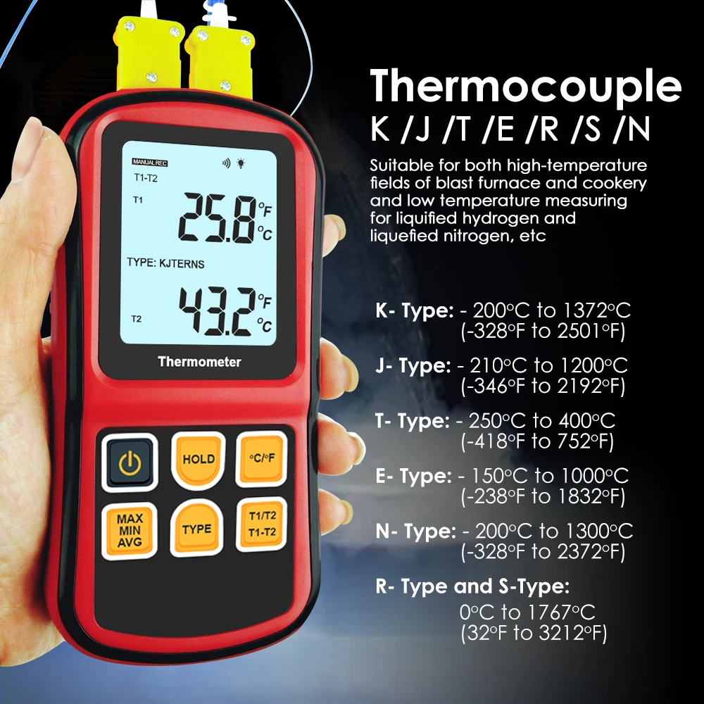 Digital Dual Channel K J T E R S N Type Thermocouple Thermometer Meter Selectable Unit for Lab Food Processing Metallurgy HVAC