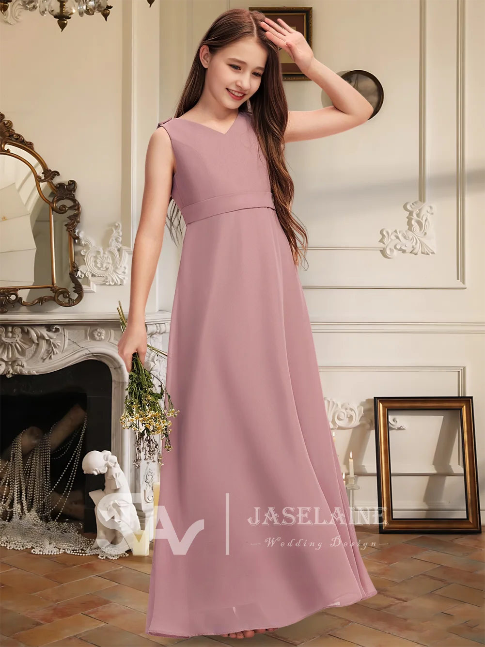 

A Vintage Mauve A Line V Neck Floor Length Chiffon Junior Bridesmaid Dress Wedding Party Dress Teens Flower Girl Dress Formal