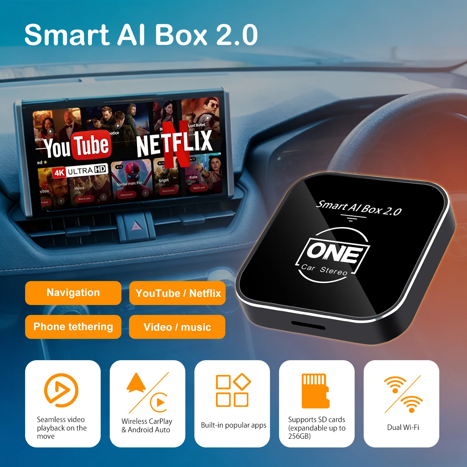 OneCarStereo 3 w 1 Smart AI Box 2.0 Bezprzewodowy Adapter Android Auto z Wbudowanym Youtube Netflix Apple Car Play Box Możliwość rozszerzenia do 256GB