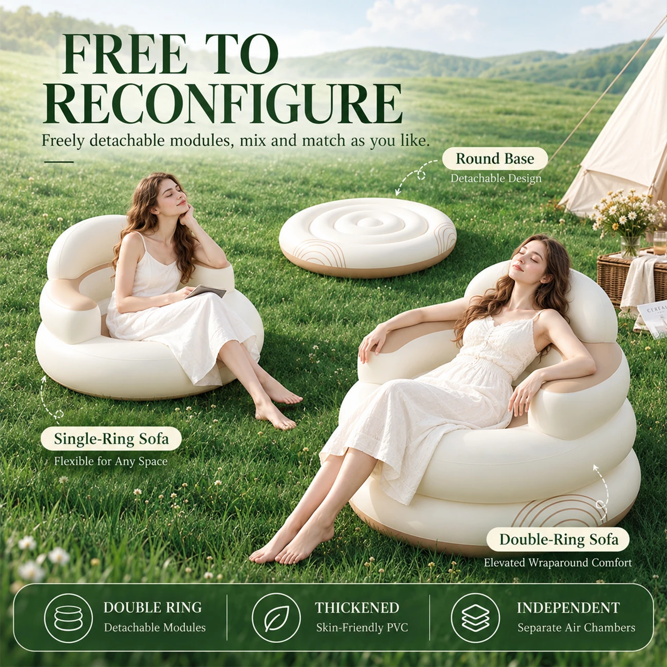 1PC Inflatable Sofa Chair with Backrest Modular Design Double Ring Lounge Chair Thick PVC Indoor Outdoor Camping Furniture