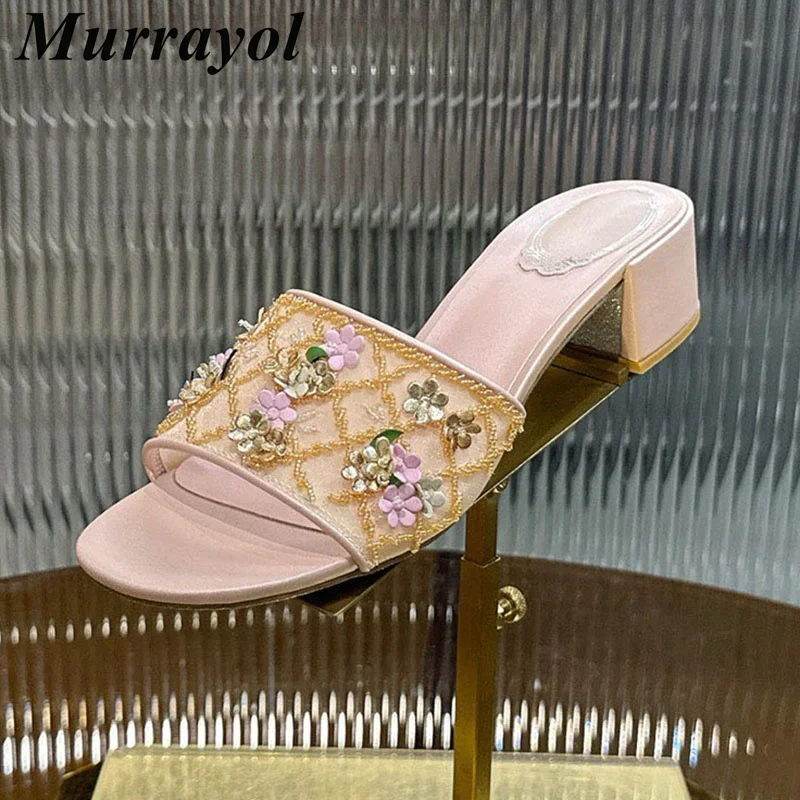 

Slippers Women Chunky High Heel Open Toe Bling Rhinestone Flower String Bead Decor Sandals Ladies Summer Outdoor Vavation Shoes