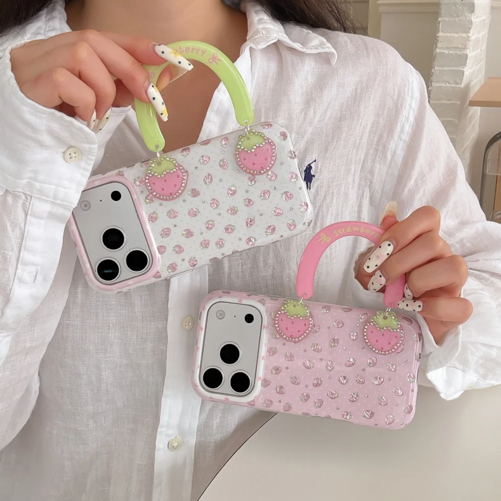 Korea INS Cute Strawberry Handbag Phone Case for 17 Pro 16 Max 15 16 Pro Max Apple 15 Pro Fashion Flash Diamond Anti-fall Case