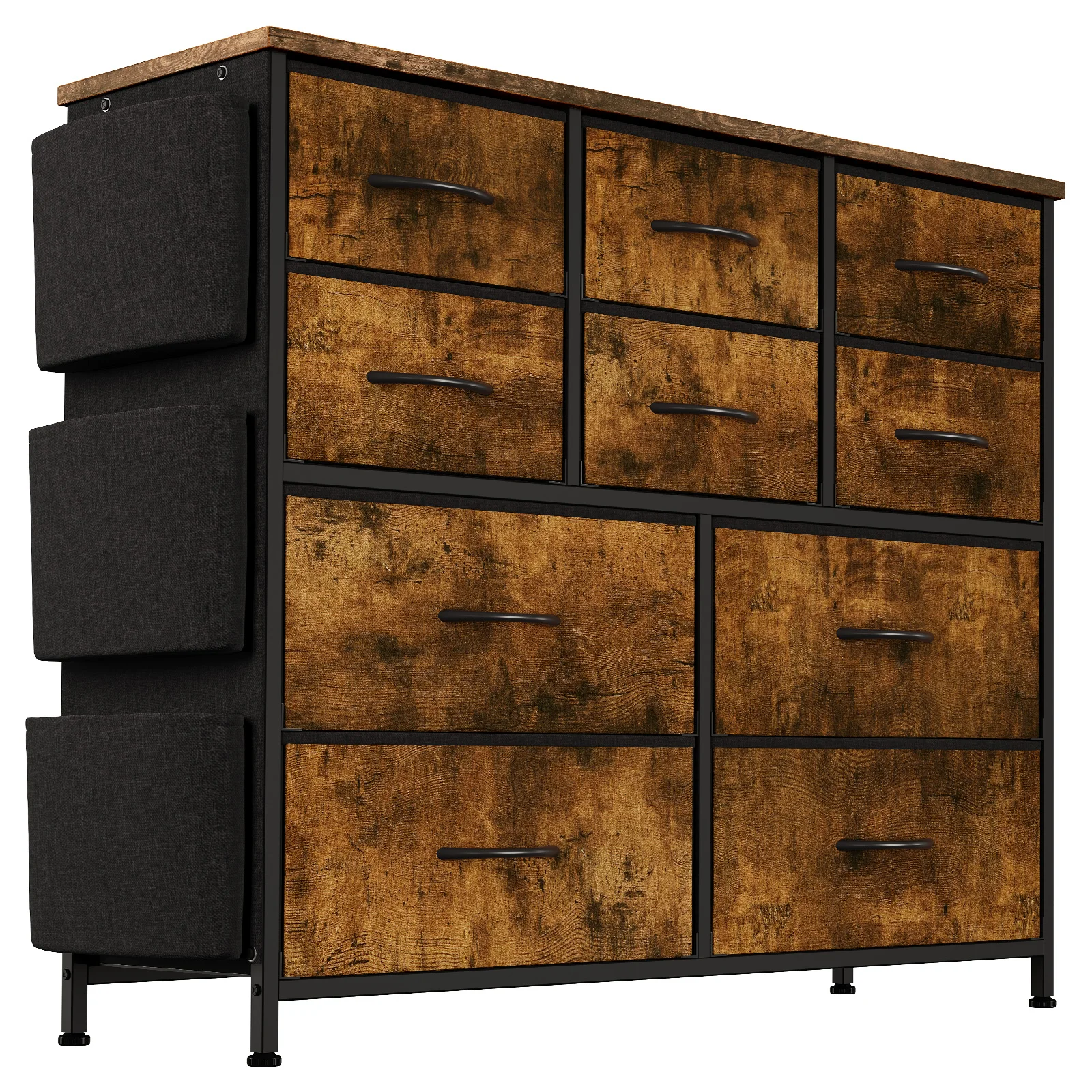 10 tiroirs de rangement en tissu pour chambre à coucher, commodes et armoires avec poches latérales, crochets, plateau en bois pour placard, salon, couloir (marron rustique)