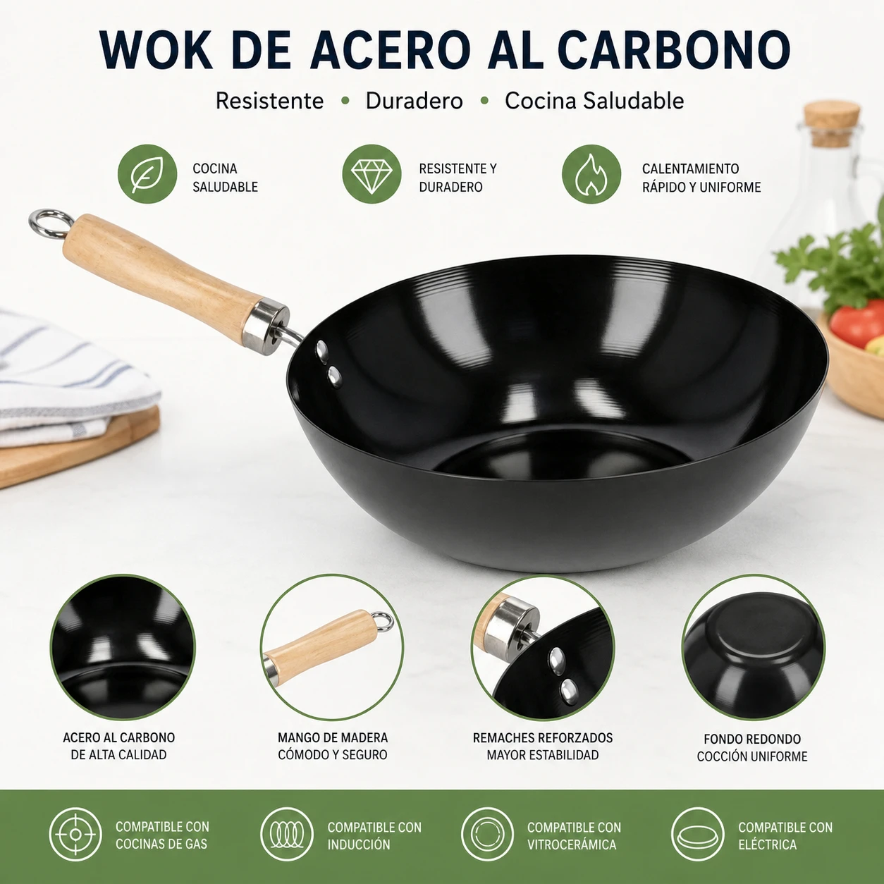 Wok en acier au carbone diamètre 28 cm avec poignée ergonomique en bois et crochet de suspension, fond rond compatible avec les plaques de cuisson à gaz, électriques, vitrocéramiques et à induction, surface lisse non revêtue