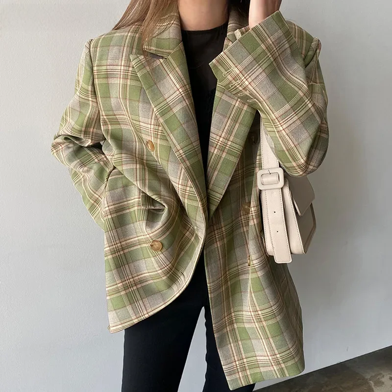 BGTEEVER Vintage luźna kurtka damska Plaid Blazer jesień Chic podwójne piersi kobiet długi garnitur kurtki stylowe panie Blazer — zdjęcie 2