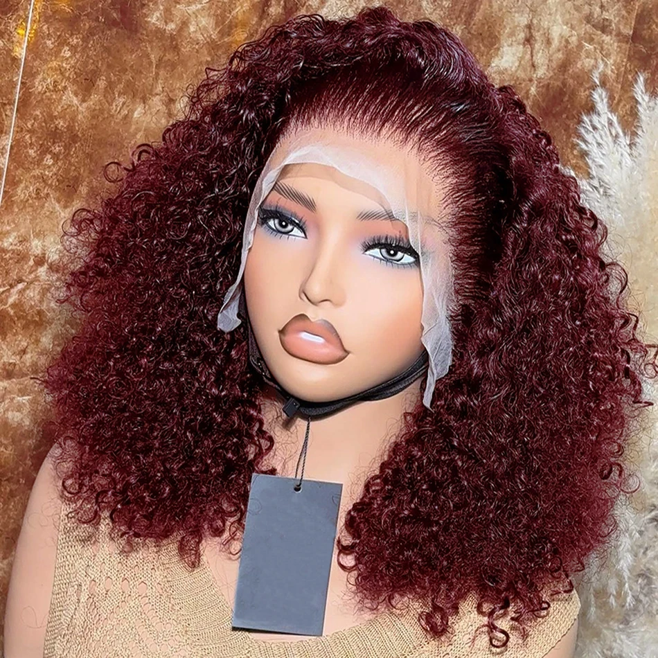 99J Burgundy Bob Wigs Human Hair Wig 13x4 Lace Front Wig Deep Wave Curly Transparent Lace Frontal Wig 250 Density Pre Plucked