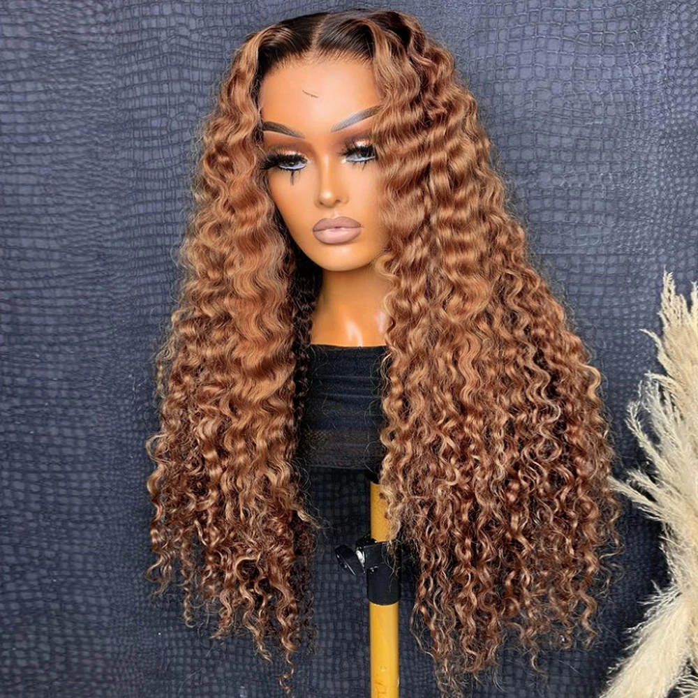 Kinky Curly Wigs Highlight Curly T Part Lace Front Wigs Dark Root Ombre Brown Honey Blonde Synthetic Wigs Pre Plucked Baby hair